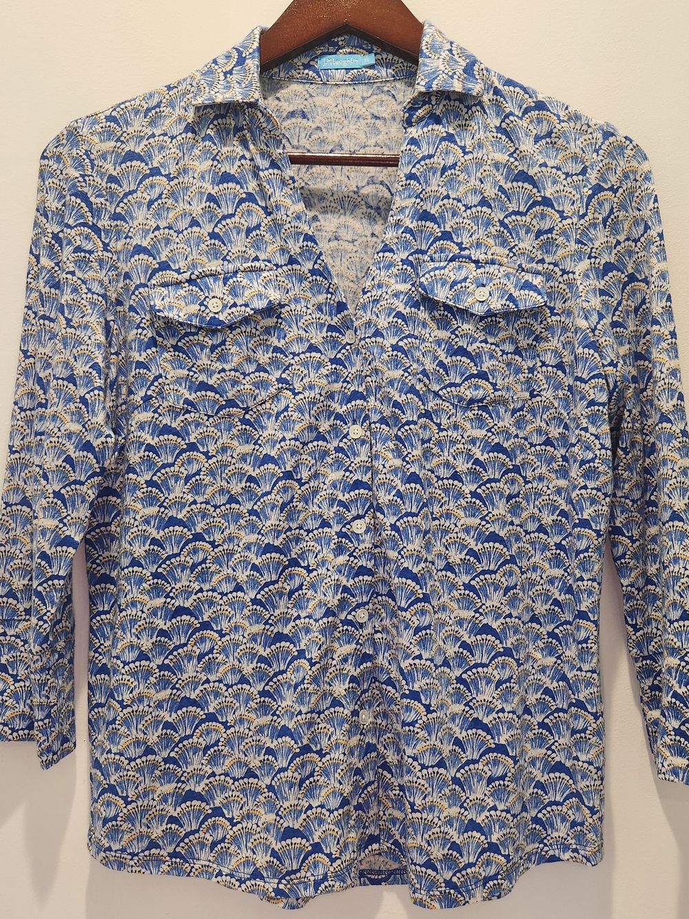 J. McLaughlin Blue and White Fan-Print Button-Down Shirt XS